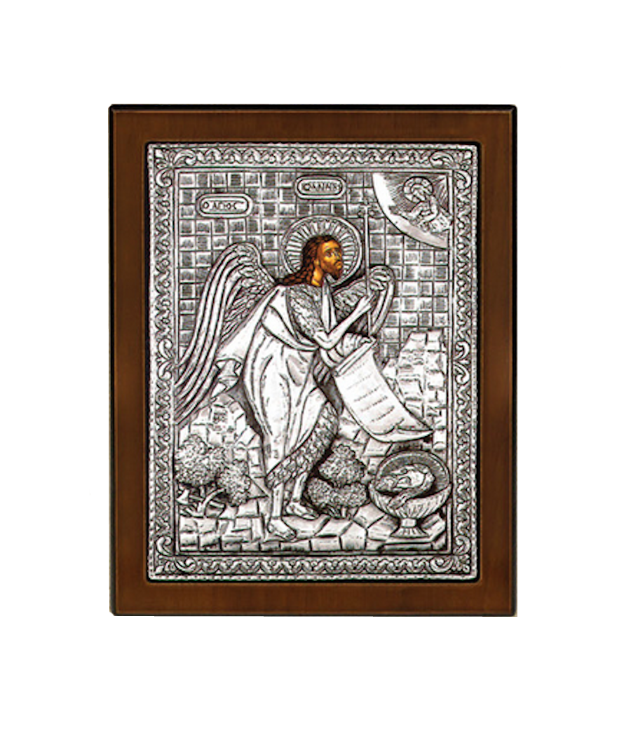 Silver-plated icon of Saint John the Baptist with wood frame – 23x17 cm