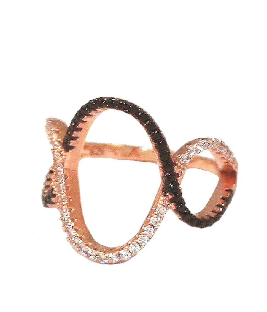 Silver ring 925 with double curve, rose gold plating and decorated with natural zircons in white and black color No. 52