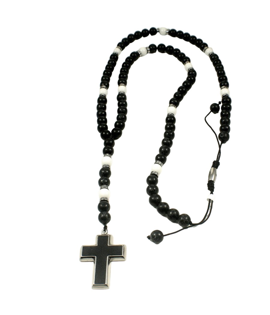 Men's Rosary Necklace with Onyx & Cross Pendant – Handcrafted in Greece