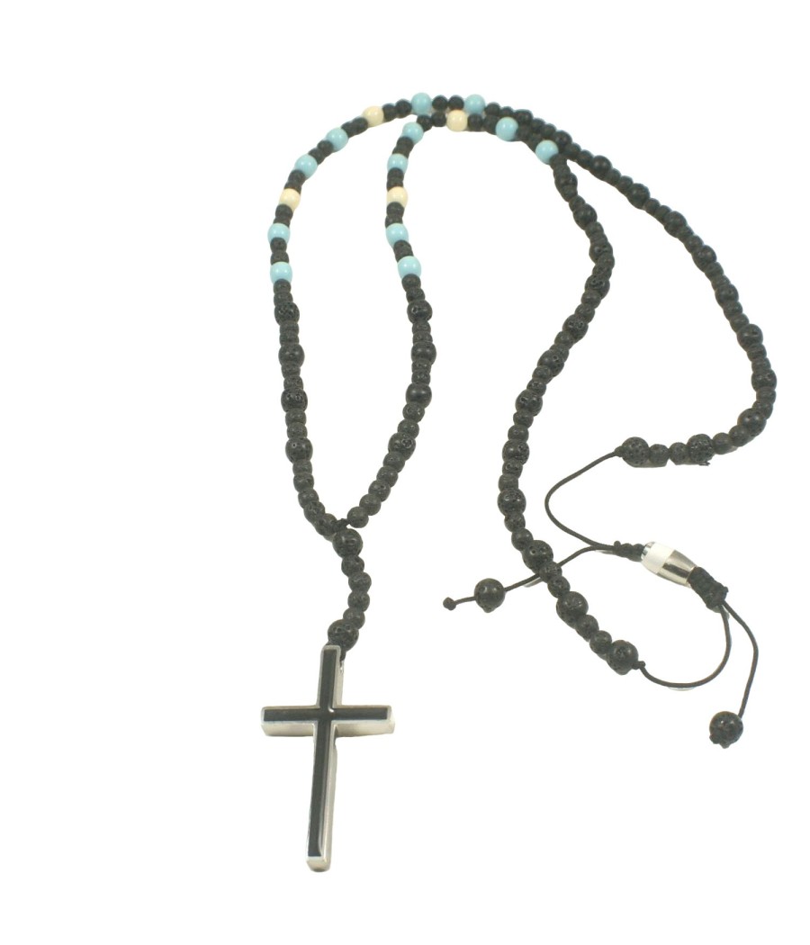 Men's Handmade Rosary Necklace with Black Onyx, Turquoise & Beige Beads and Metal Cross