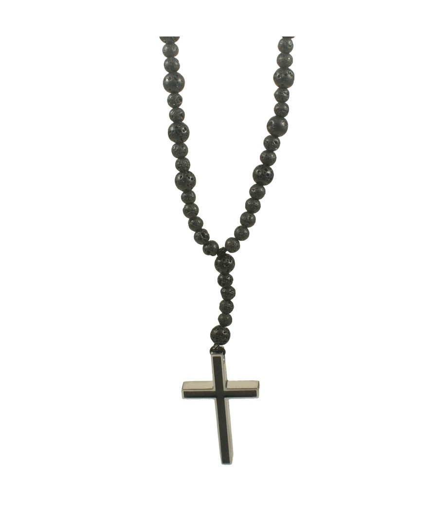 Men's Handmade Rosary Necklace with Black Onyx, Turquoise & Beige Beads and Metal Cross