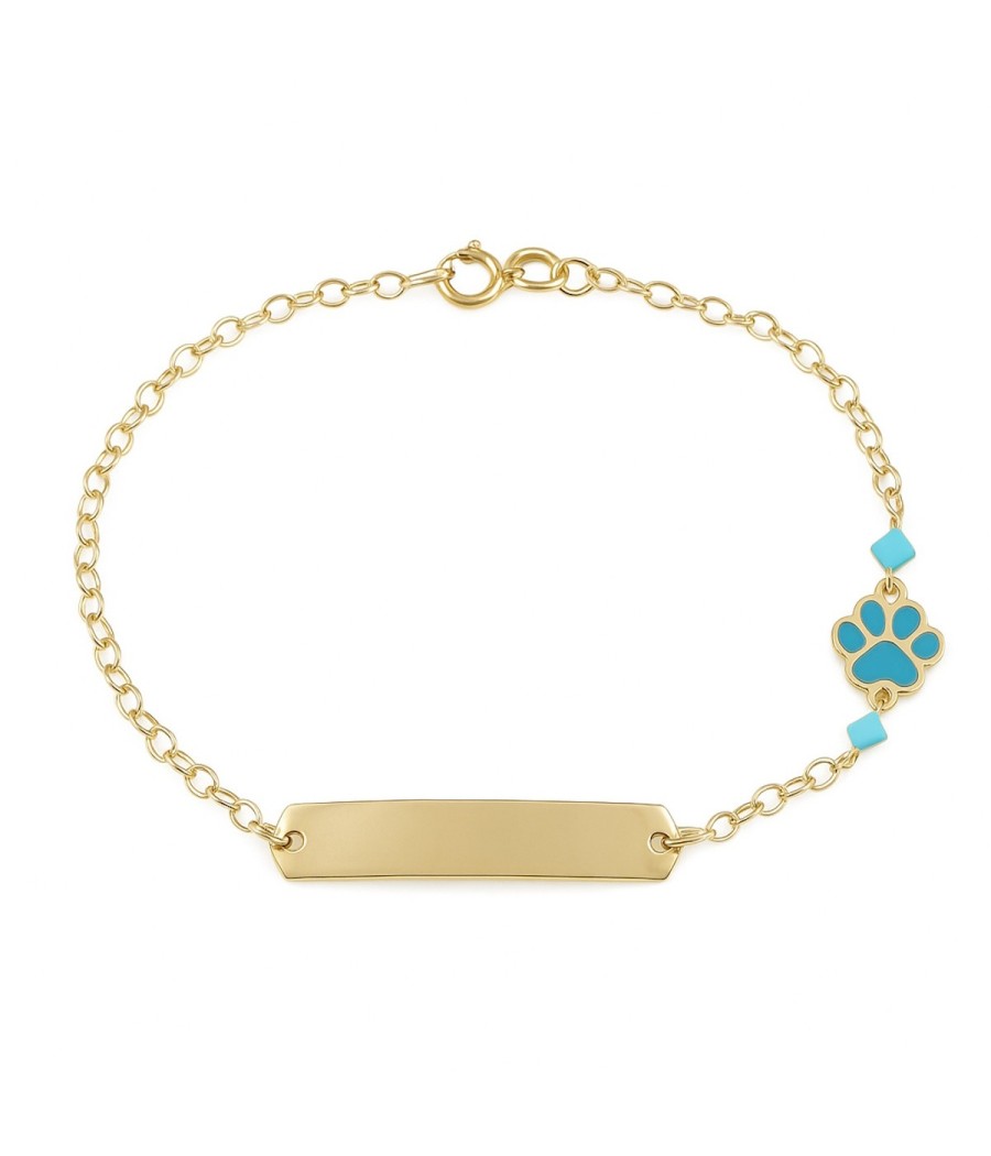 Children’s 9K gold ID bracelet with turquoise enamel paw charm