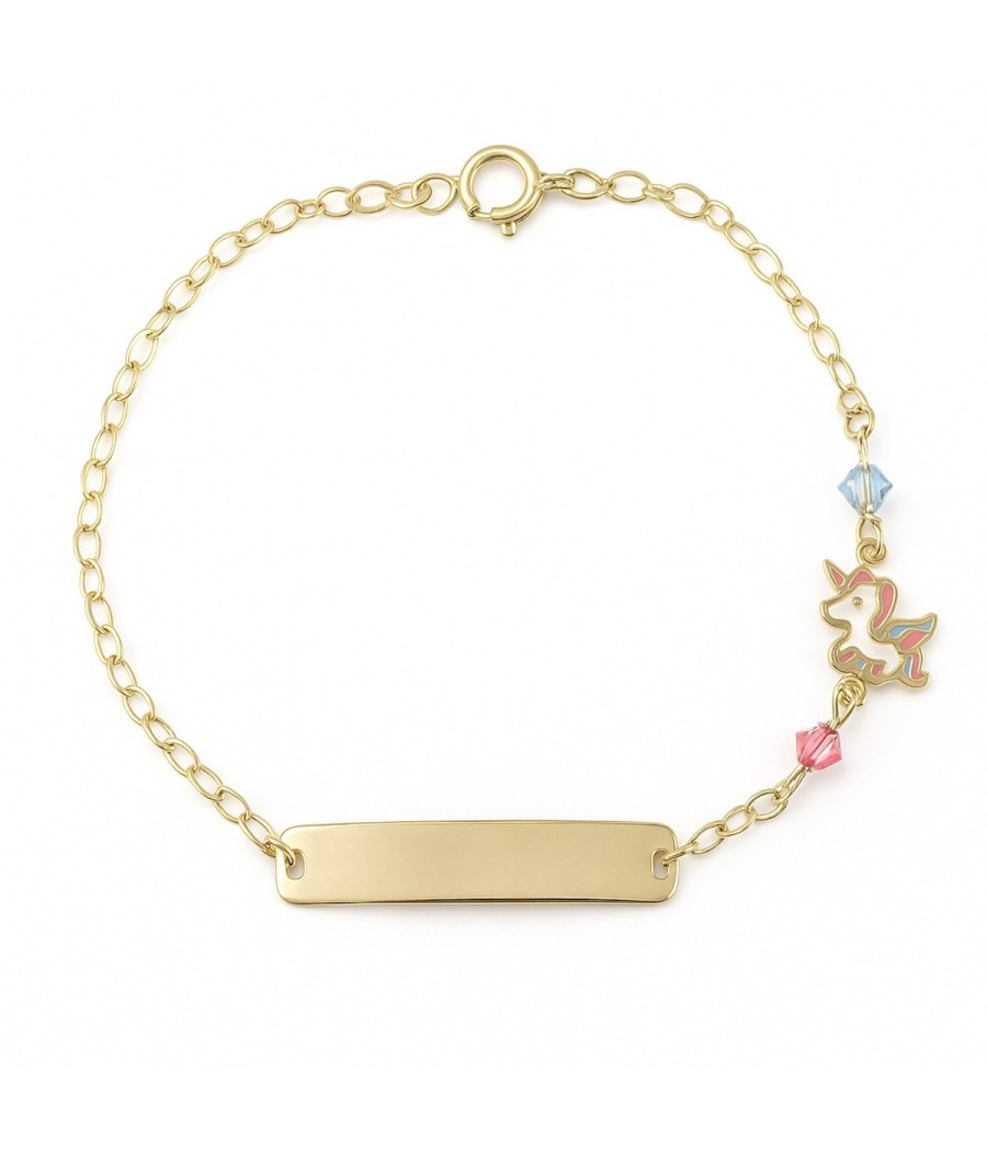 9K gold baby ID bracelet with enamel unicorn charm and crystal beads