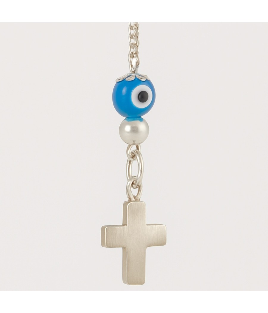 Sterling silver pendant with 17x15mm cross and blue evil eye bead for protection