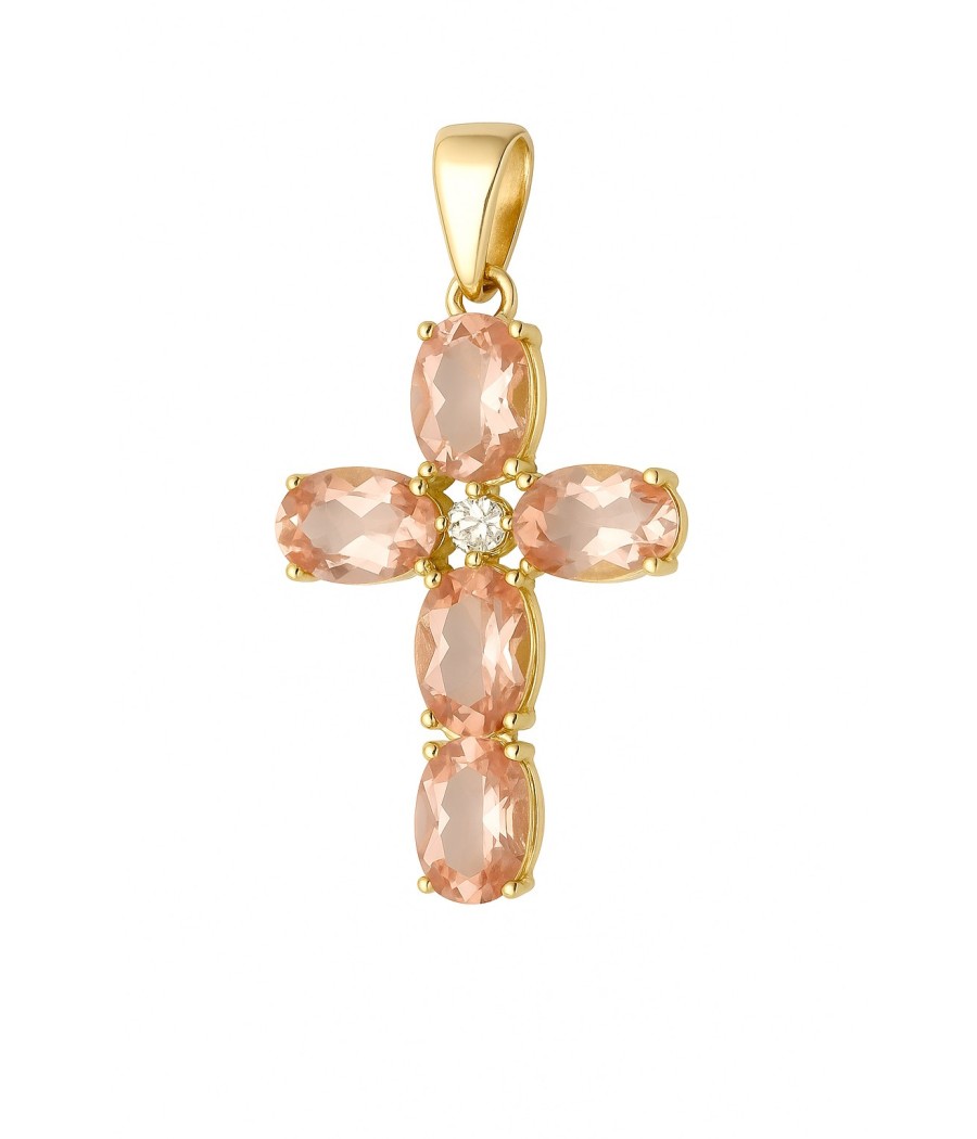 14K gold cross pendant with morganite-colored drop zircon stones