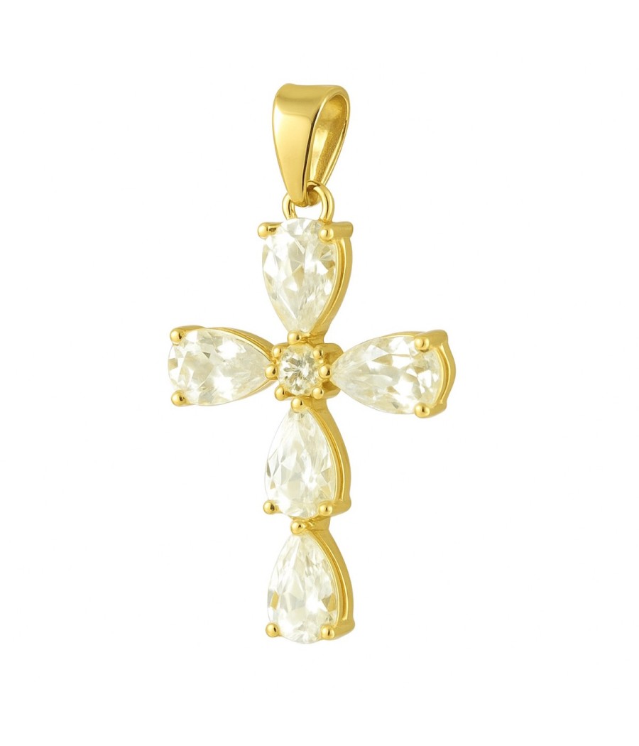 14K gold cross pendant with white teardrop zircon stones