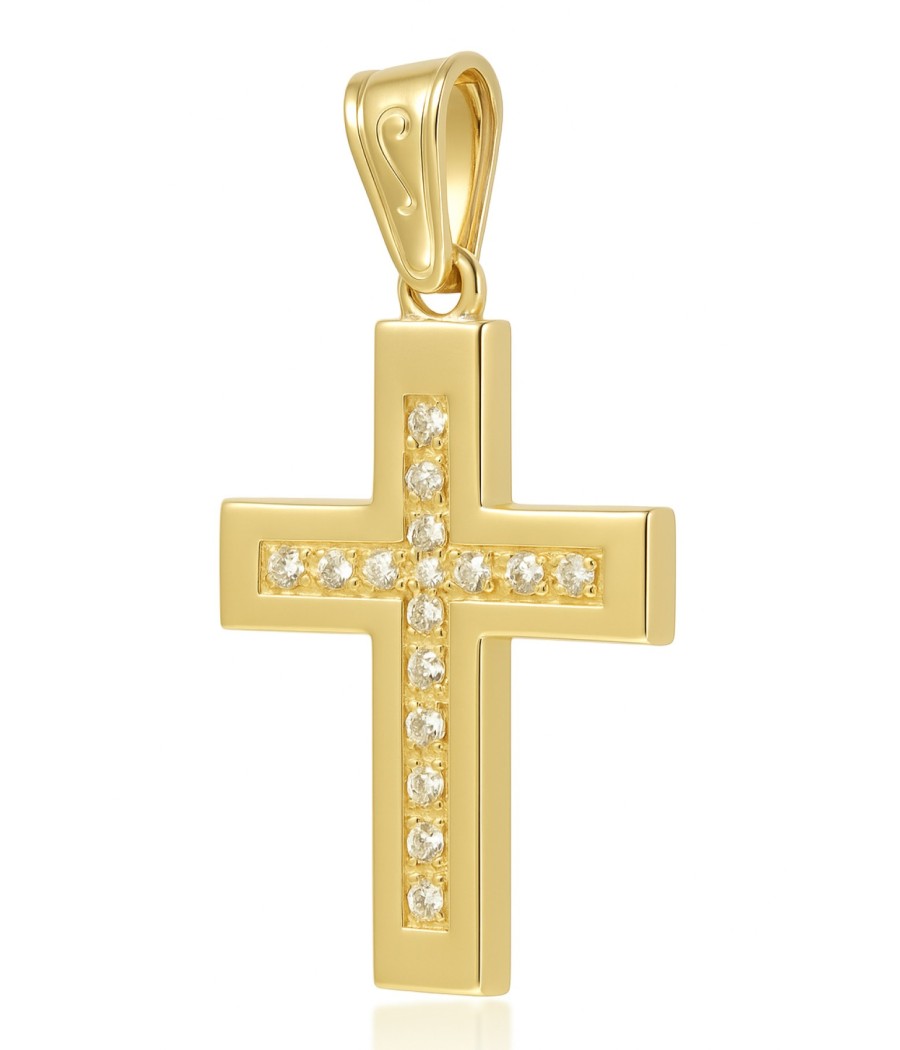 Σταυρός χρυσός Κ14 με λευκά φυσικά ζιρκόνια 35x20 χιλιοστά