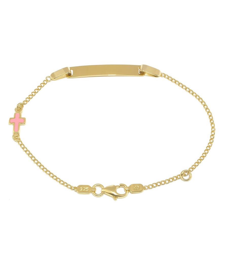 Children’s ID Bracelet in 9K Gold with Pink Enamel Cross