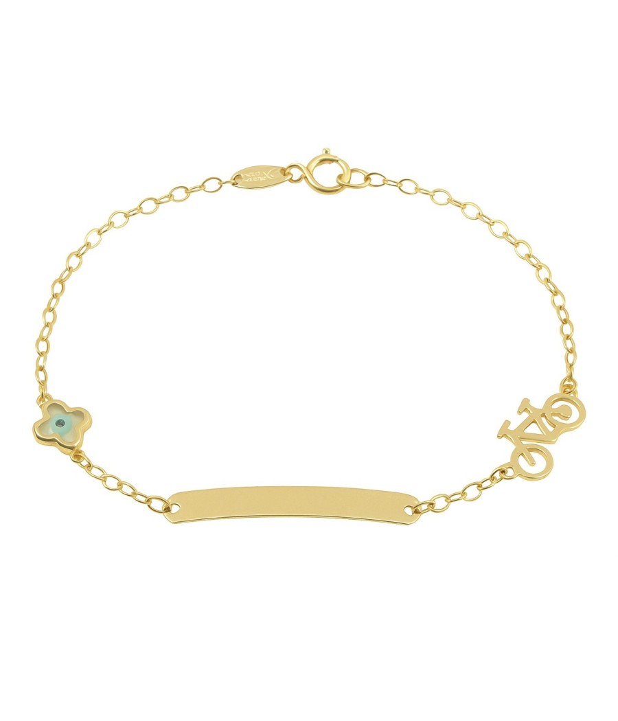 9K gold baby ID bracelet with bicycle and cross charm – 15cm / 1.10gr