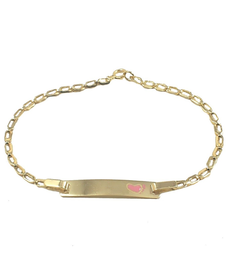 Children’s gold ID bracelet with pink enamel footprint – 9K, 16cm