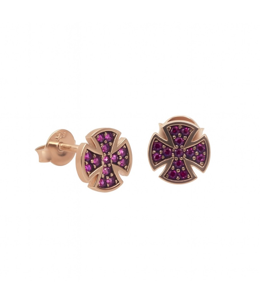Silver earrings with rose gold plating and red zirconia in cross design