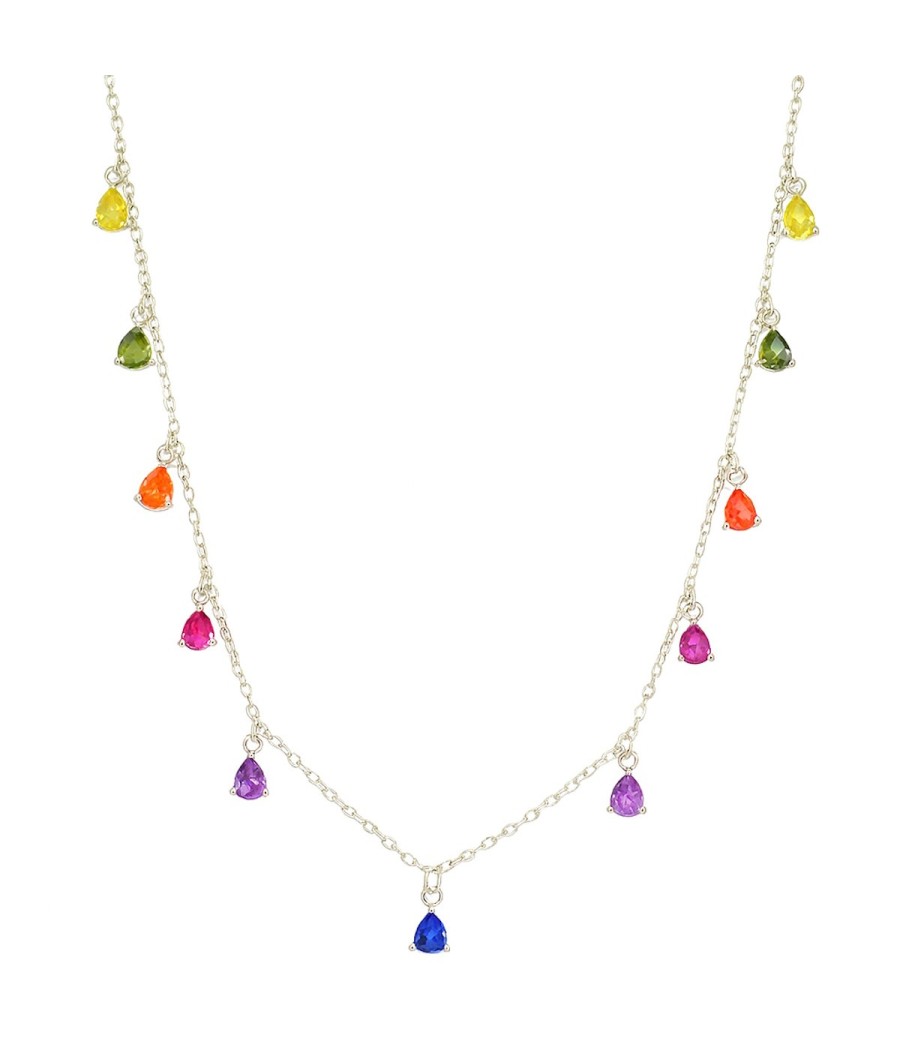Silver necklace with rainbow-colored teardrop zirconia