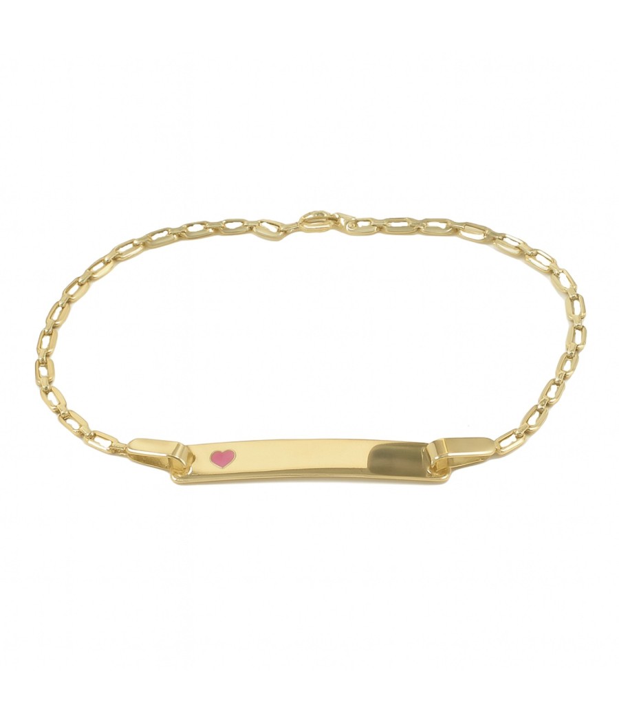 9K gold baby ID bracelet with pink enamel heart, 16cm