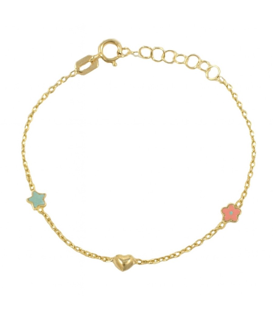 9K gold children’s bracelet with star, flower and heart charms for baptism