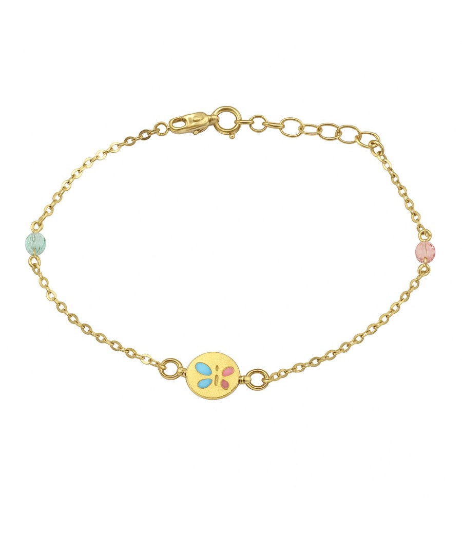9K gold children’s bracelet with butterfly, enamel, and quartz