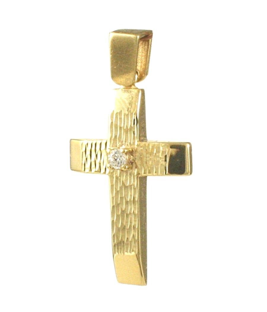 Cross pendant 14K gold hammered with white zircon
