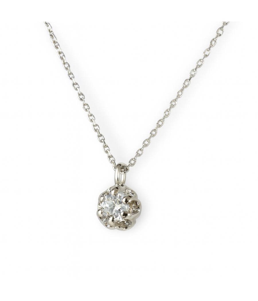 14K white gold solitaire necklace with natural white zircon