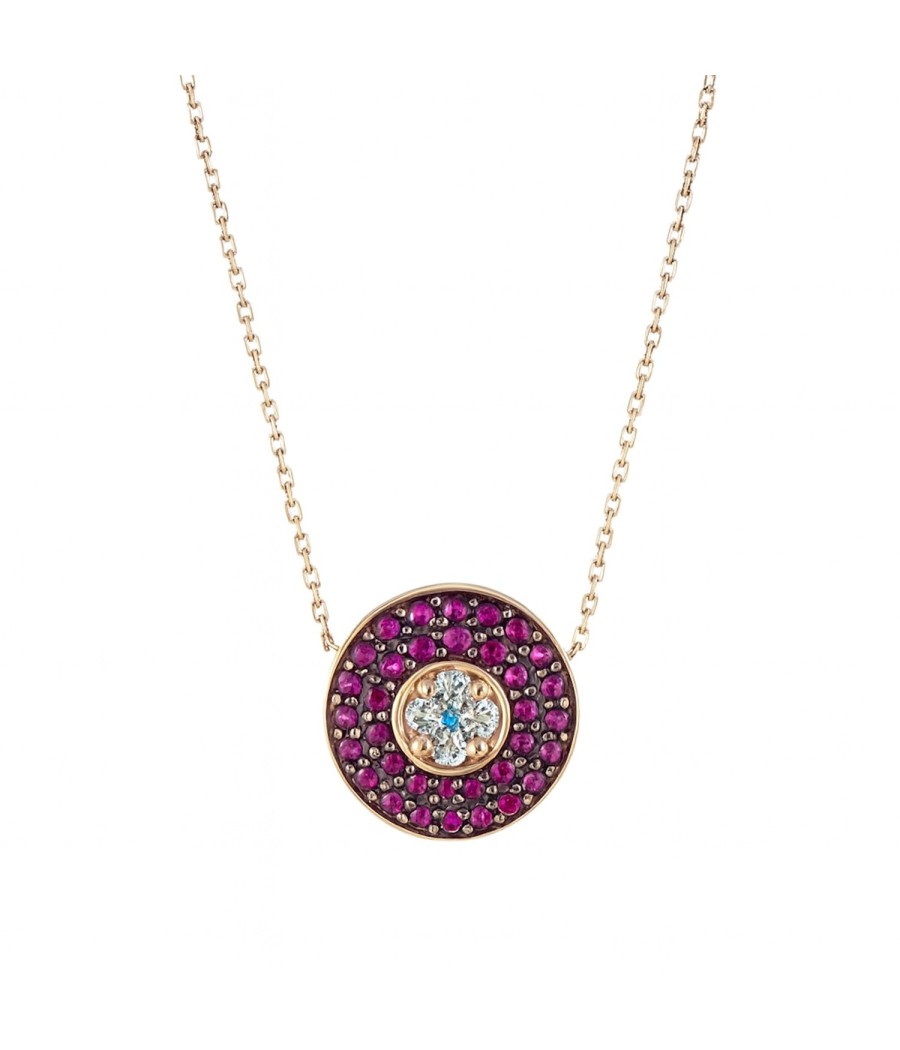 9K Rose Gold Target Necklace with White & Red Zircon Stones