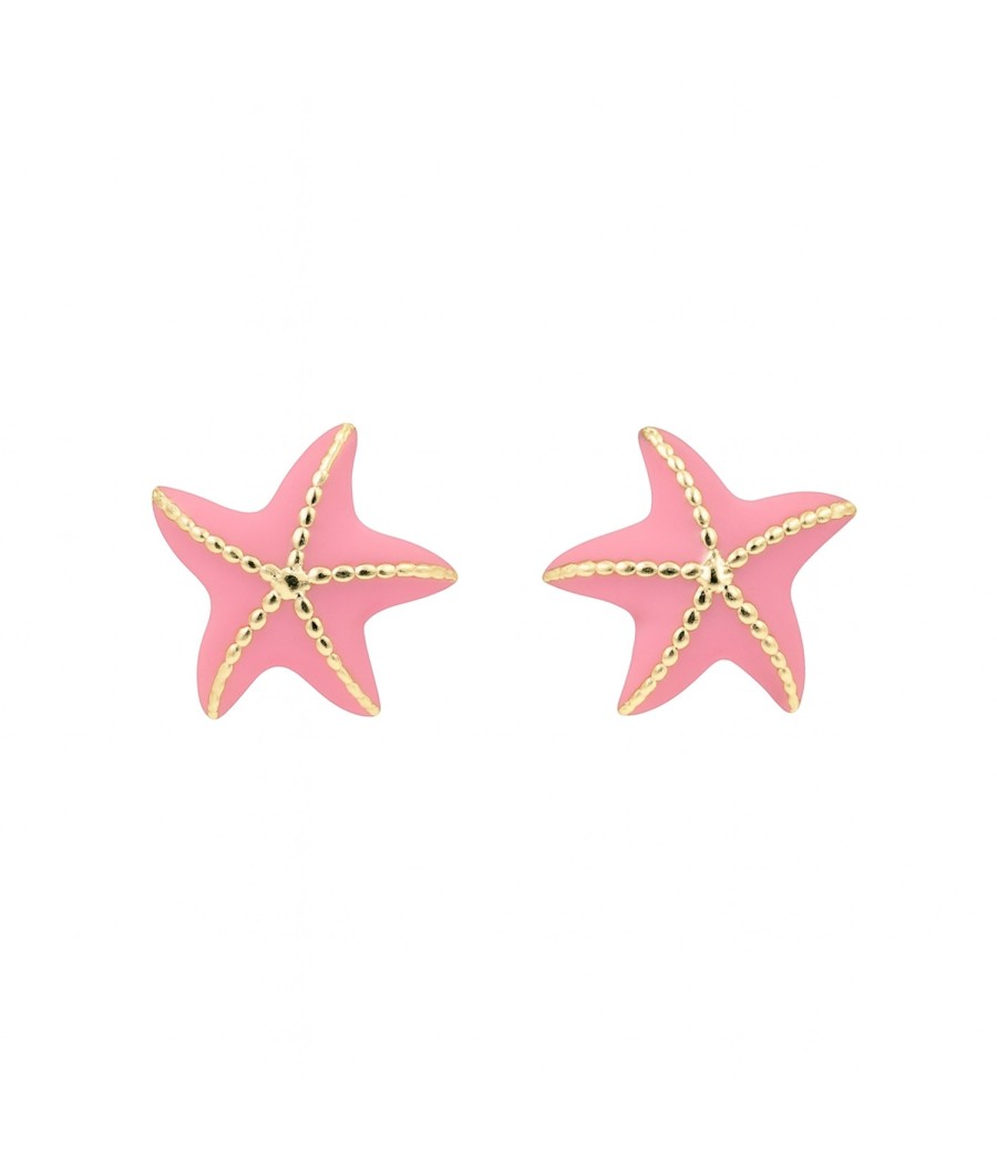 Kids starfish earrings in 9K gold with pink enamel