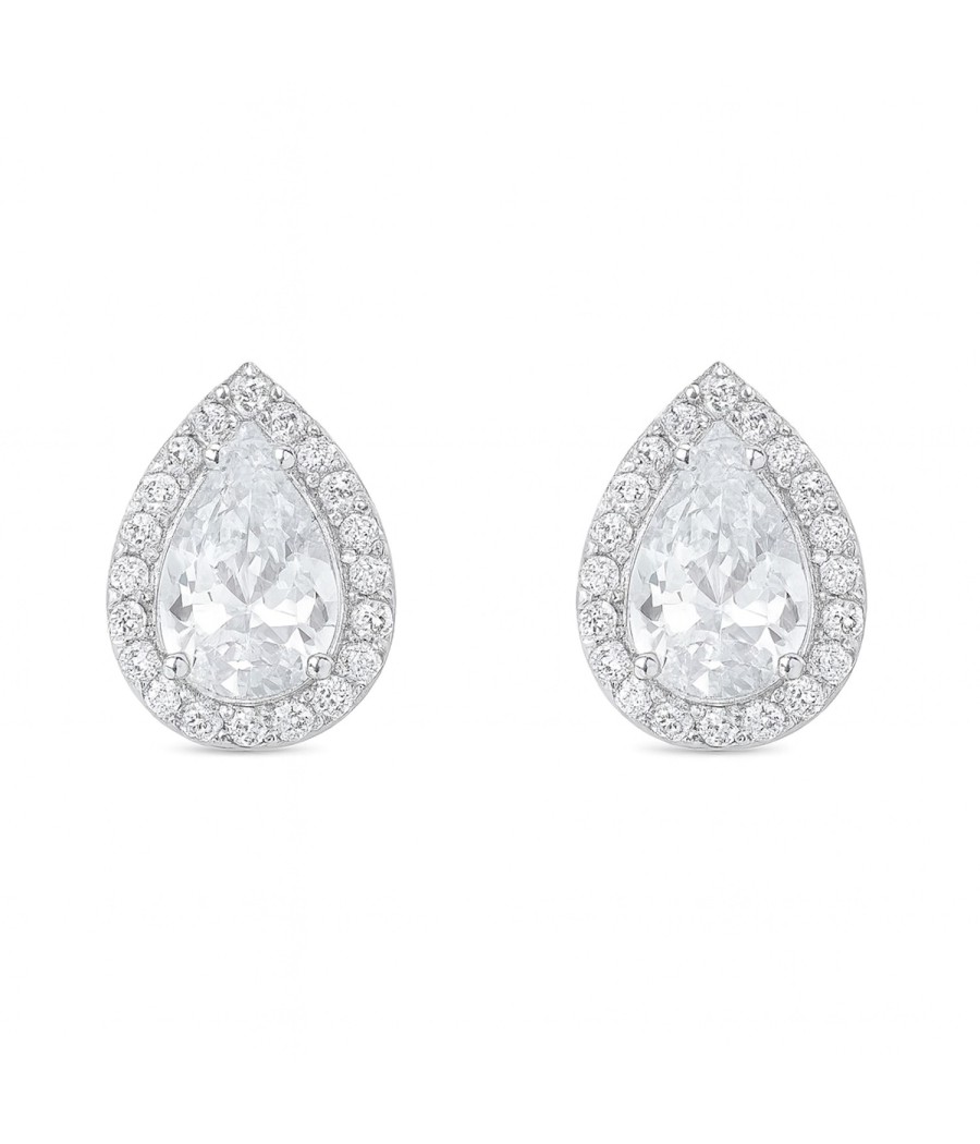 14K White Gold Drop Rosette Earrings with White Zircons