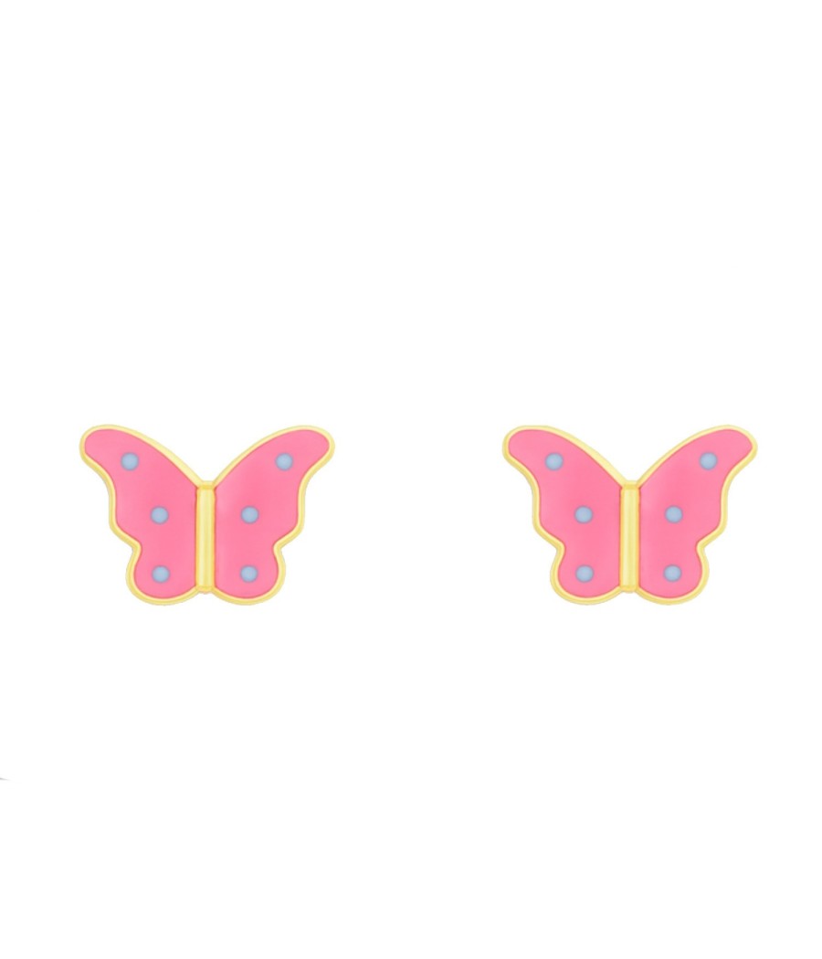 9K gold butterfly earrings with pink enamel