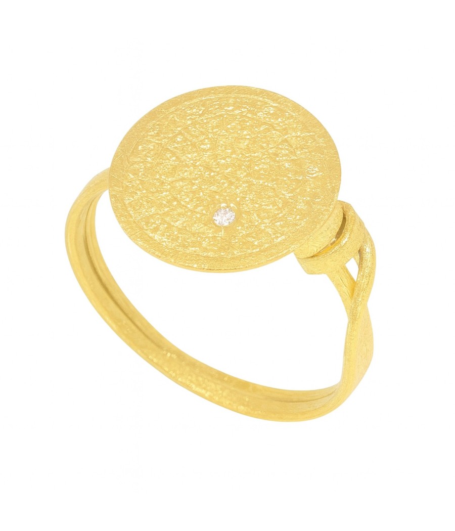 14K satin gold ring with round engraved head and natural white zirconia