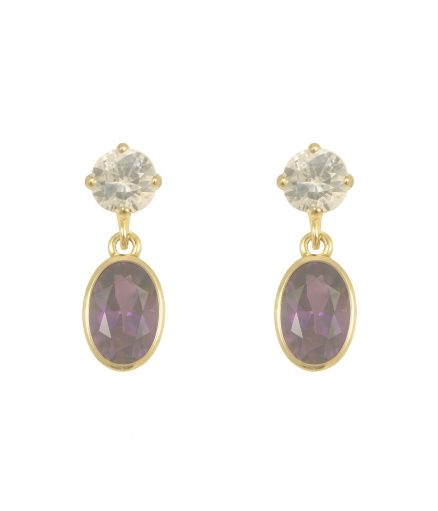 9K gold drop earrings with amethyst-colored and white zirconia