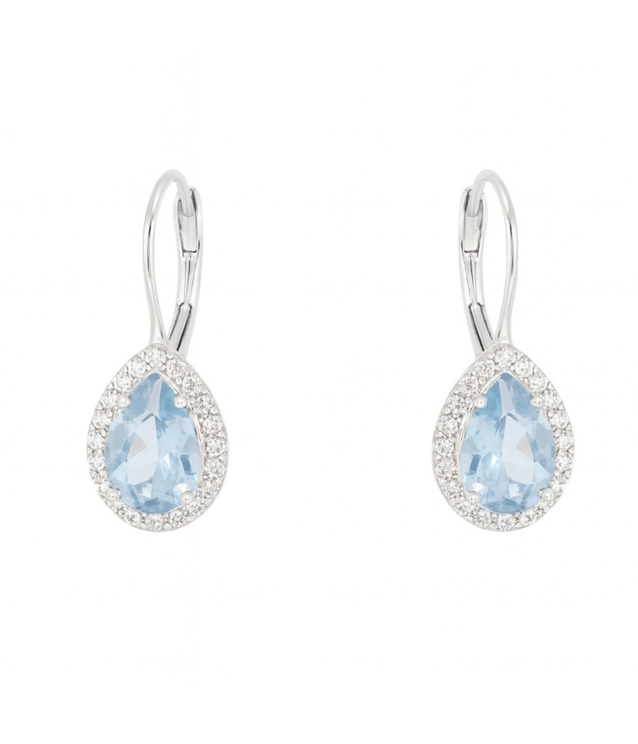 9K white gold drop earrings with zirconia and aquamarine stone