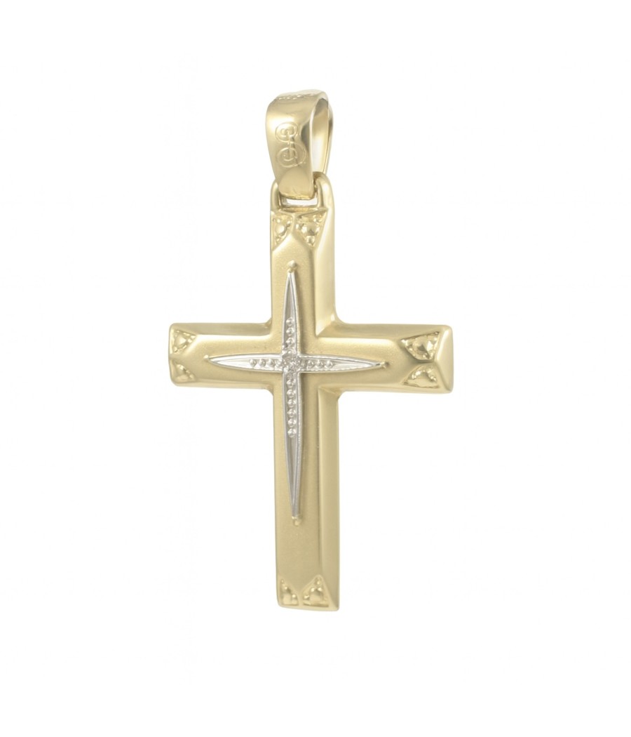 14K gold cross with white gold and white zircon