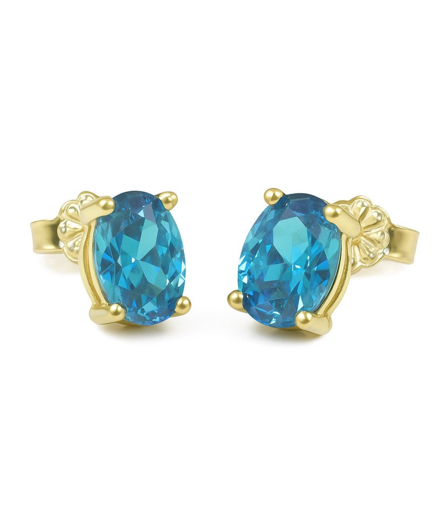 14K Gold Stud Earrings with Natural Blue Zircon Oval 8x6mm