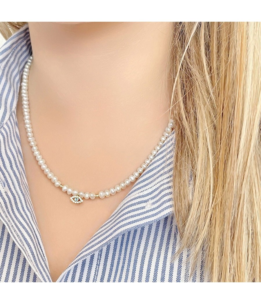 Freshwater Pearl Necklace with 14K Gold Evil Eye Charm – 43cm