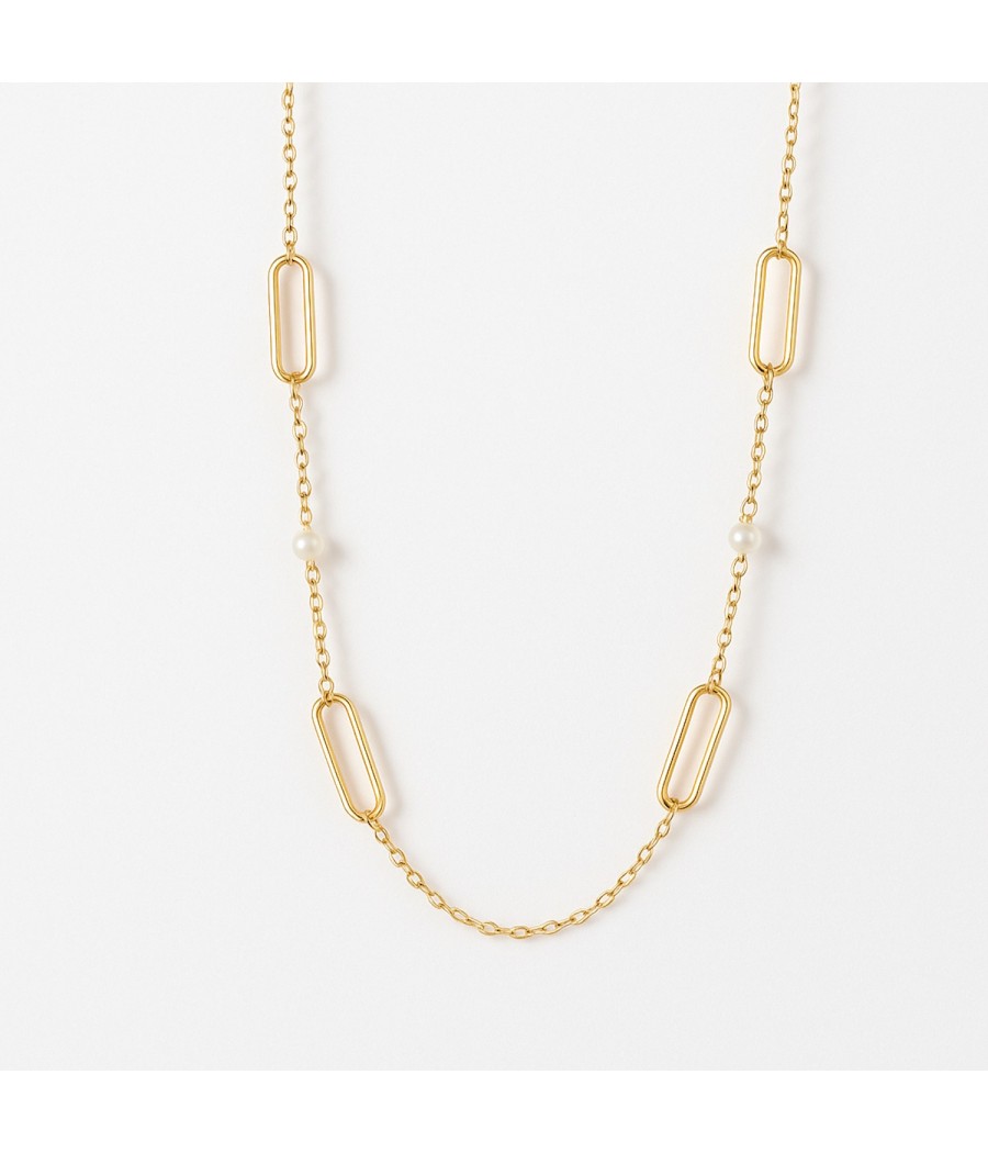 Κολιέ χρυσό K14 paperclip με μαργαριτάρια – 42cm