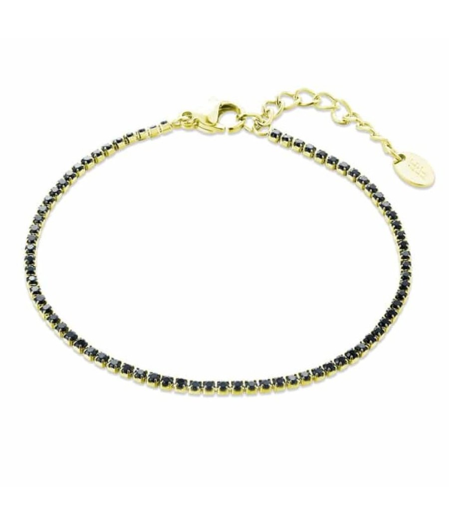 Gold-tone tennis bracelet with 2mm black Cubic Zirconia.