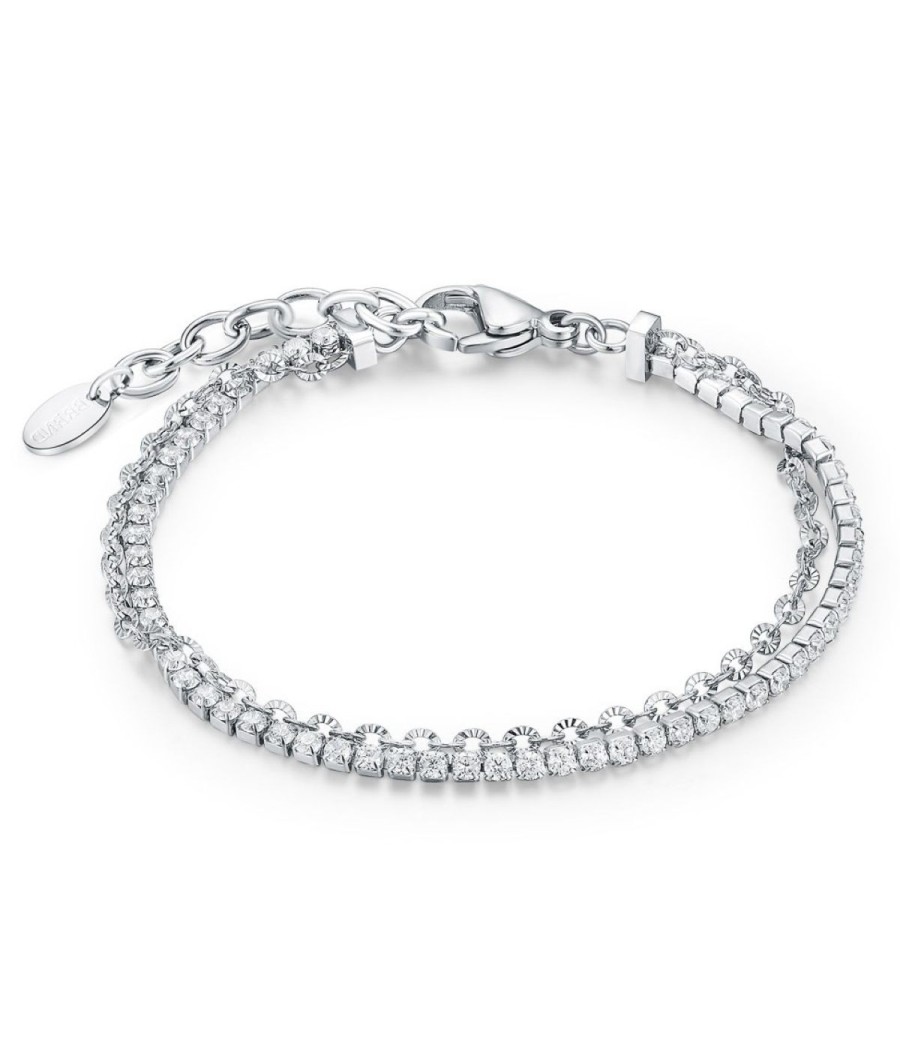 Silver tennis bracelet with double chain and Cubic Zirconia stones.