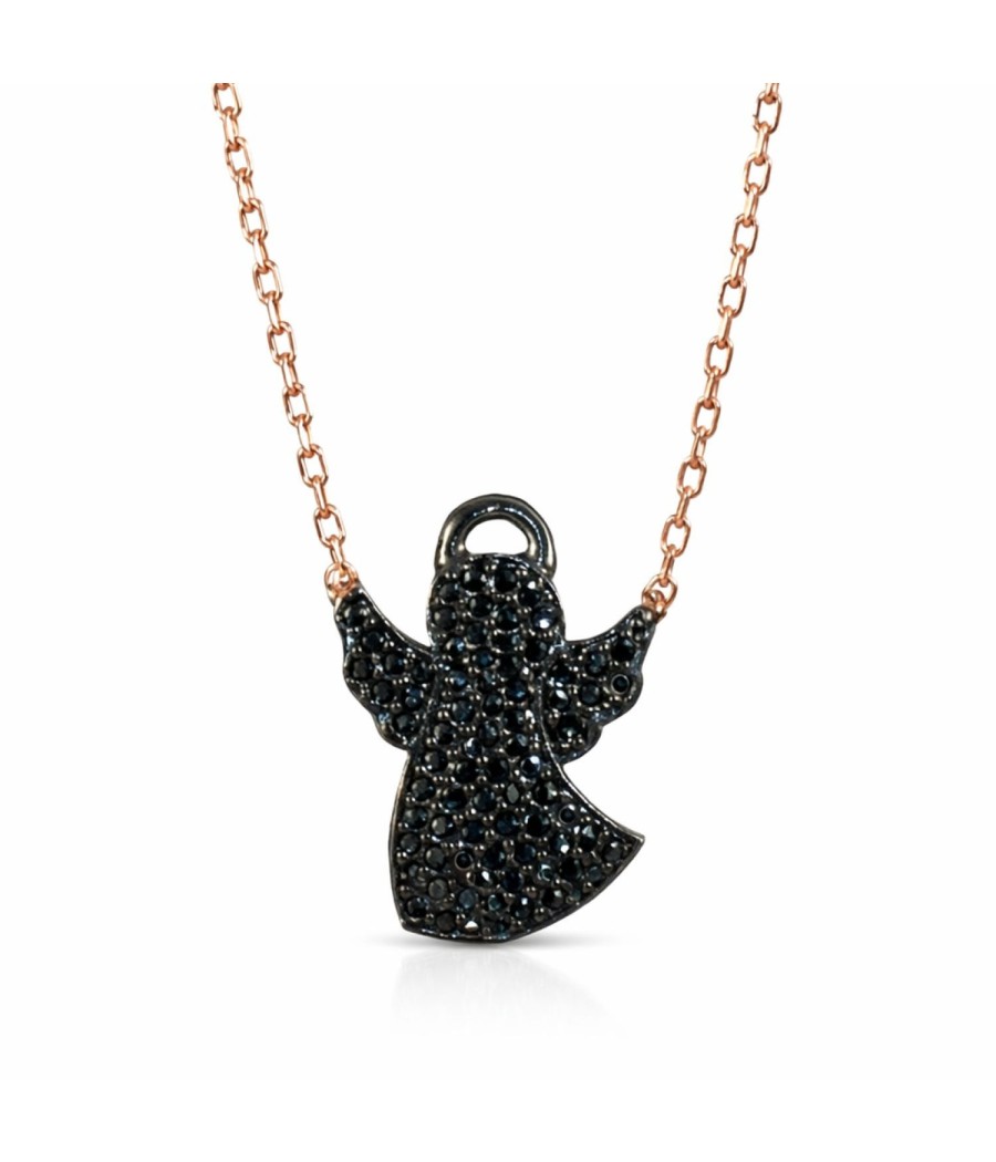 Sterling silver angel necklace black spinel rose gold black rhodium