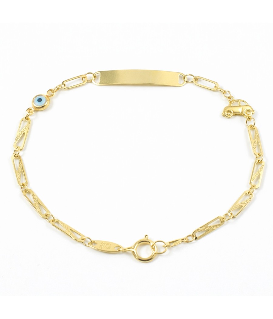 Children’s 9K gold ID bracelet with car charm and evil eye