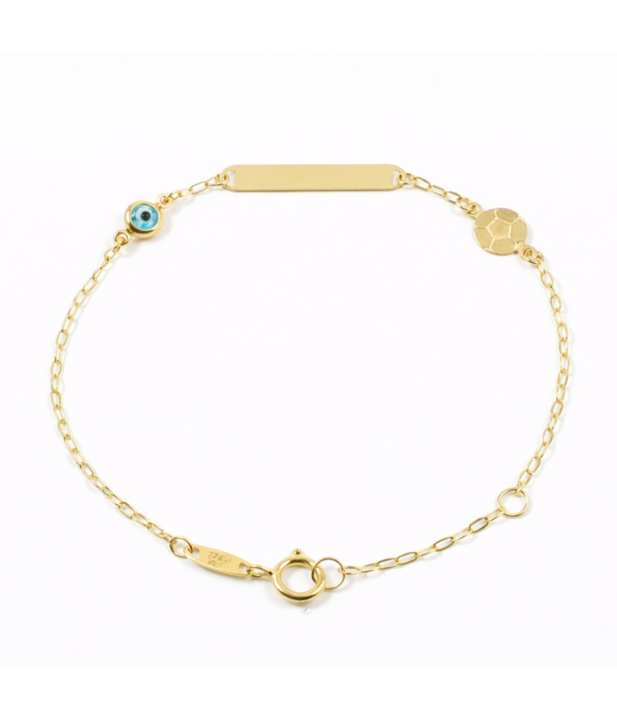 Kids 9K gold ID bracelet with ball charm and evil eye for baptism gift