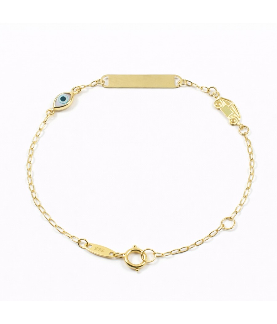 Children’s 9K gold ID bracelet with car charm and evil eye