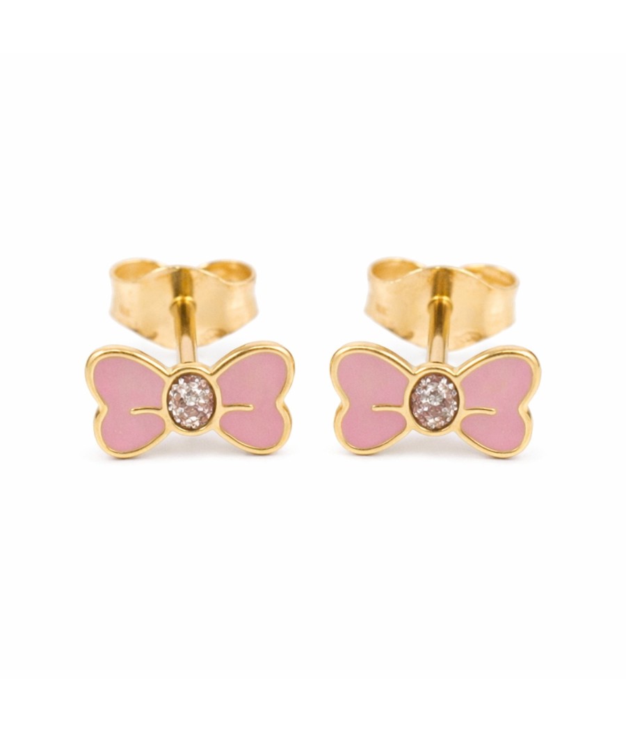 Kids 14K gold bow earrings with pink enamel