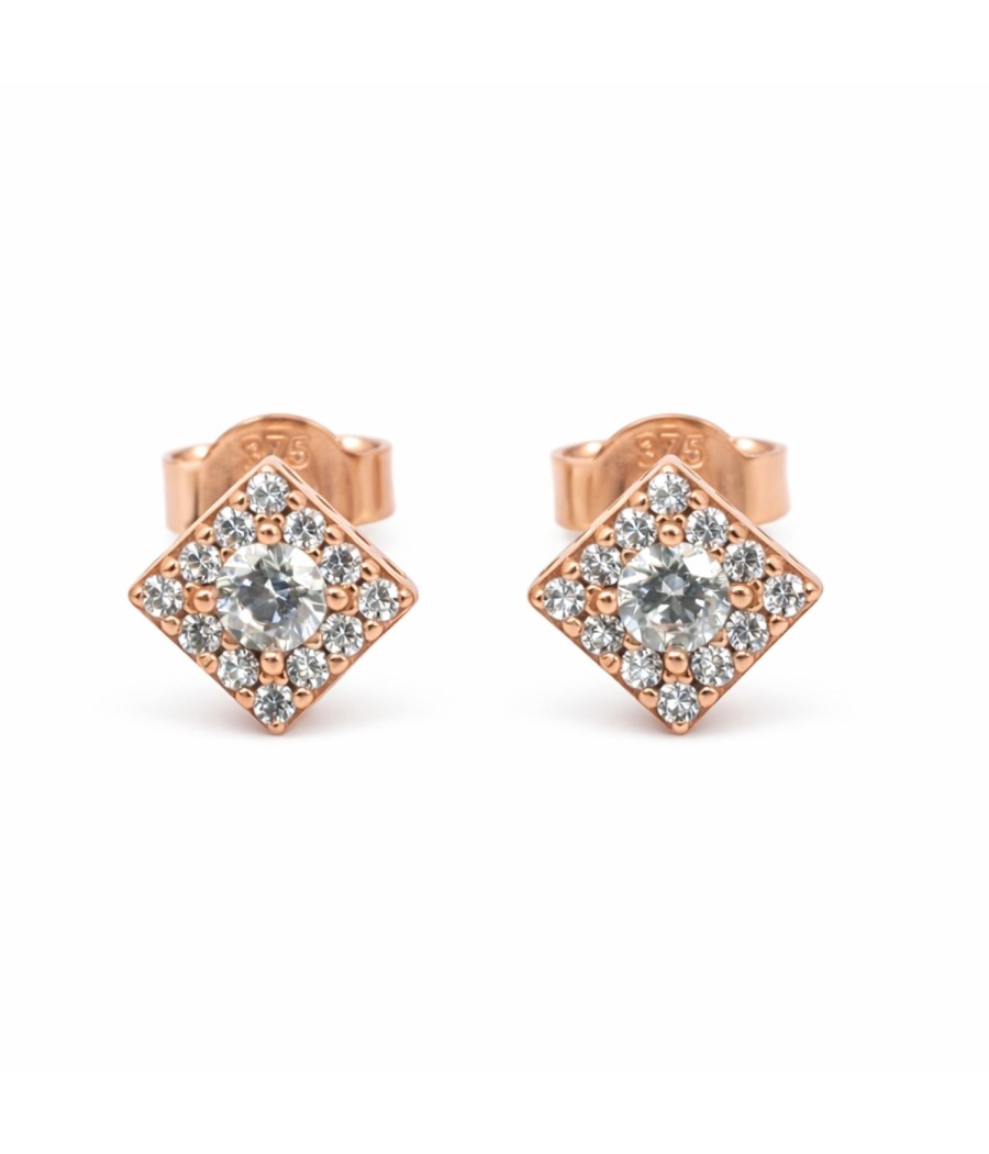 9K Gold Diamond-Shaped Stud Earrings with White Cubic Zirconia