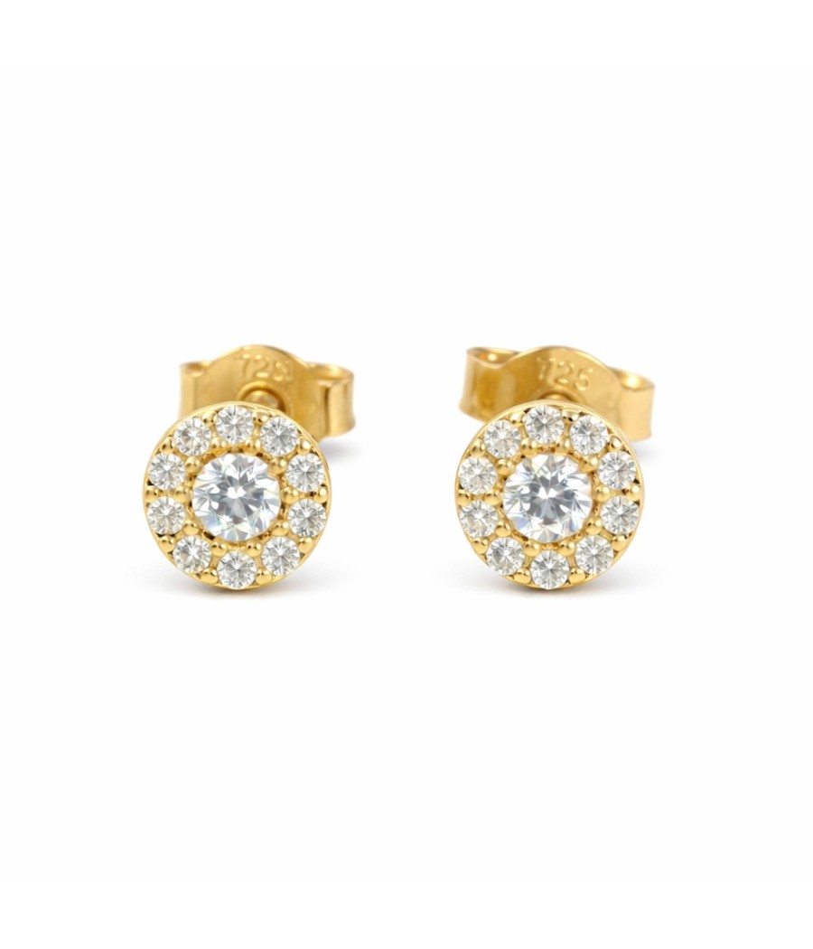 9K gold round earrings with natural white zirconia stones