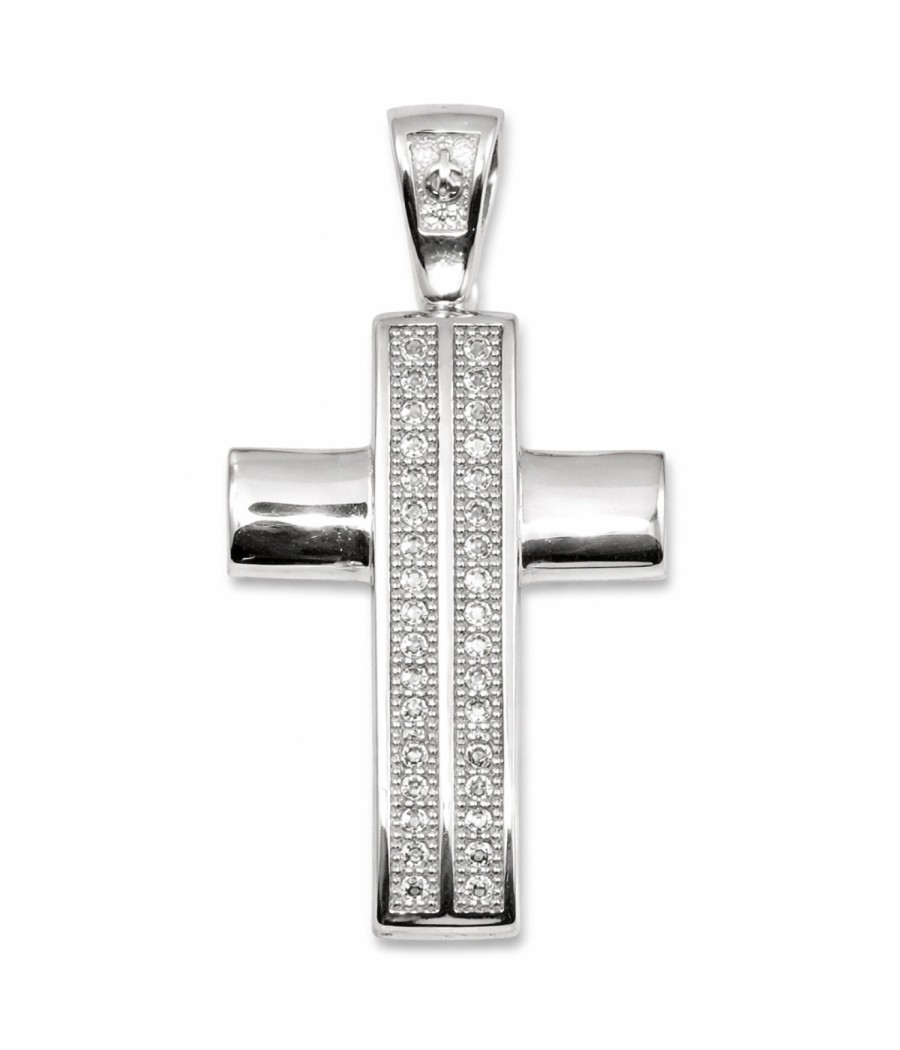 14K white gold polished cross with natural zircon stones