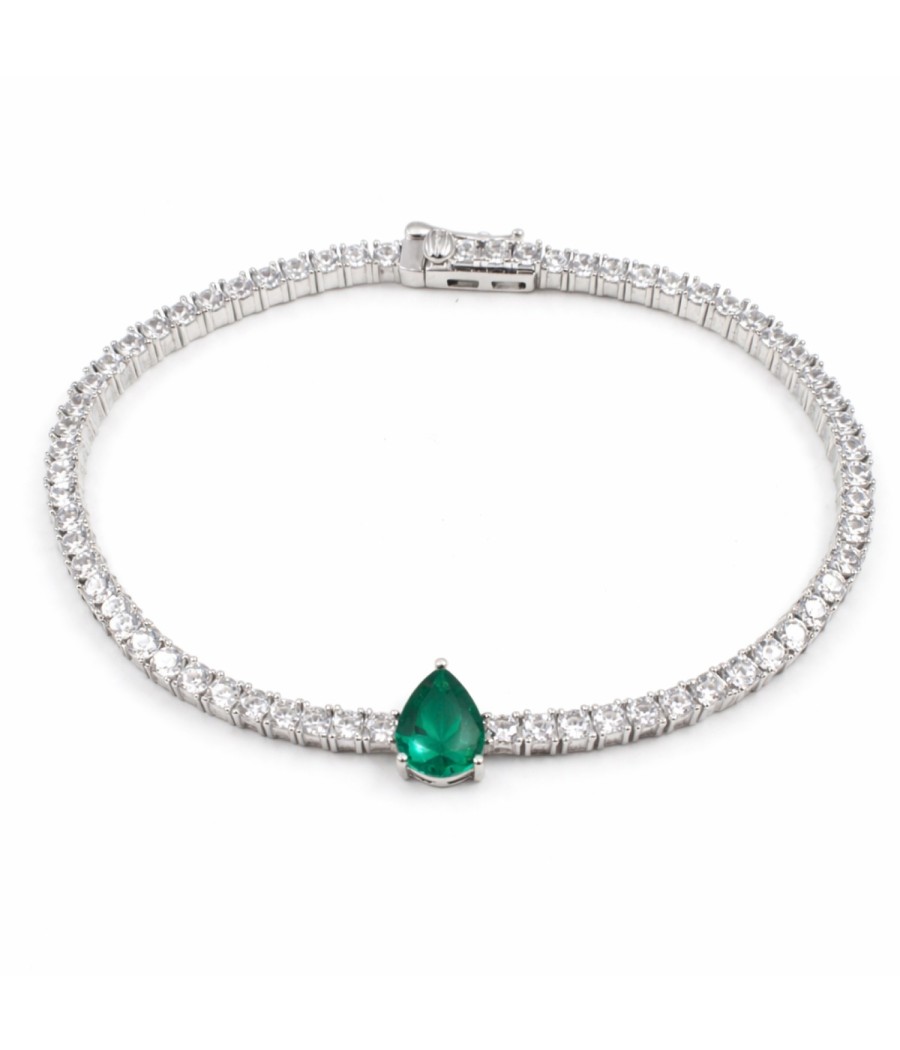 Sterling silver 925 tennis bracelet with white zirconia and green teardrop stone