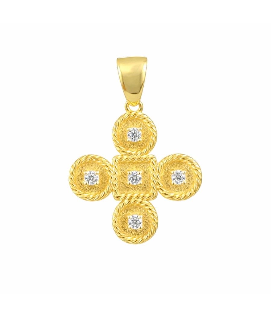 14K Gold Byzantine Style Cross with White Zirconia