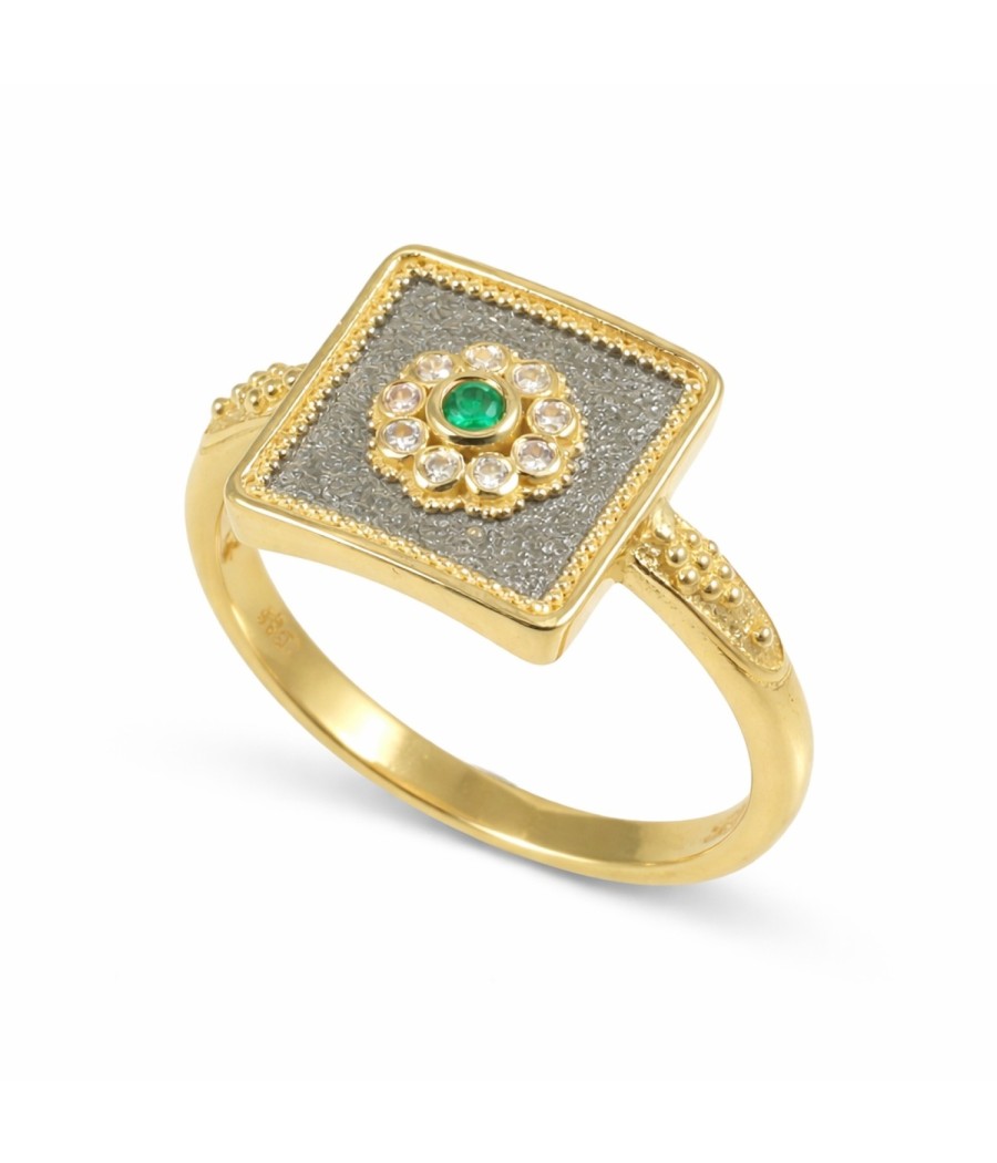 14K Gold Ring with White & Green Zirconia – Size 55 – 3.50g
