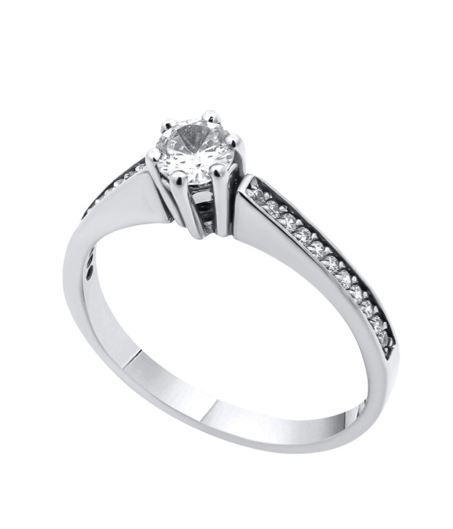 14K White Gold Solitaire Ring with Zircon Stones Size 54