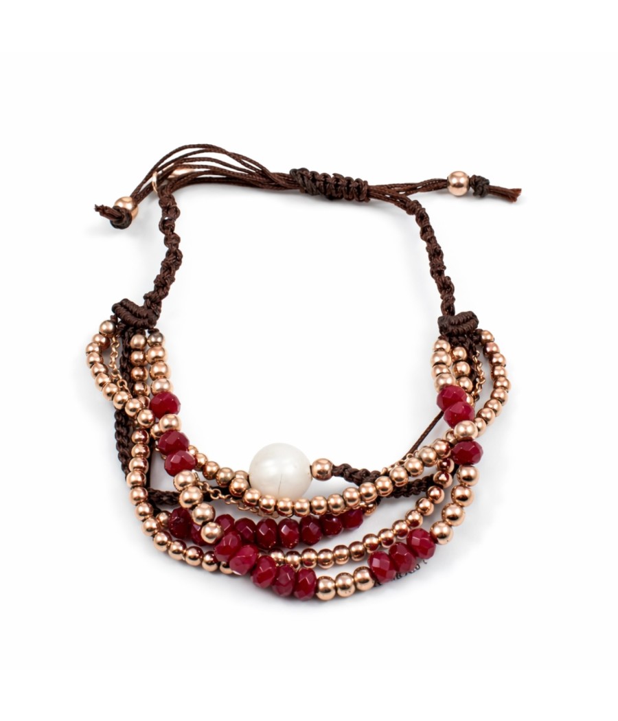 Silver 925 Rose Gold Plated Bracelet with Pearl & Red Quartz
