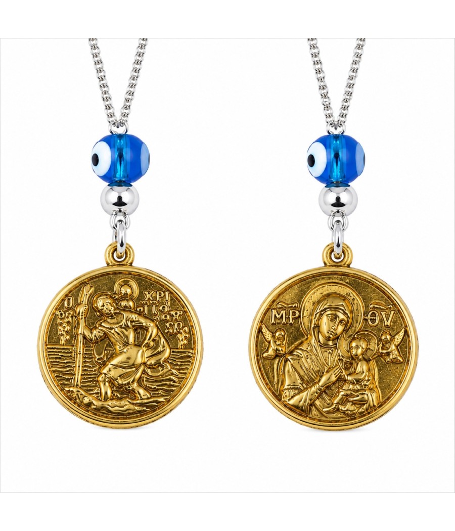 Saint Christopher sterling silver double-sided amulet with Virgin Mary and evil eye protection