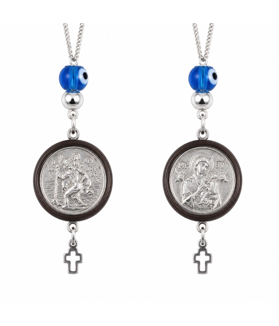 Saint Christopher Sterling Silver Double-Sided Protective Pendant with Virgin Mary and Evil Eye