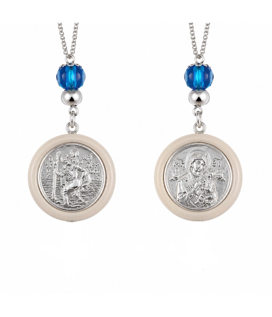 Saint Christopher Sterling Silver Double-Sided Pendant with Virgin Mary and Protective Evil Eye